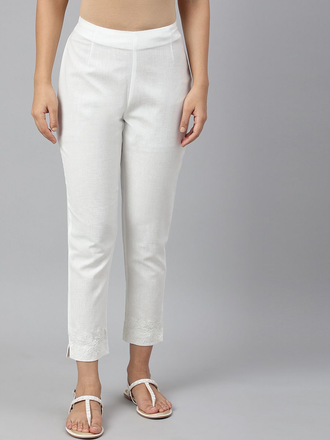 W Women White Slim Fit Trousers Price in India