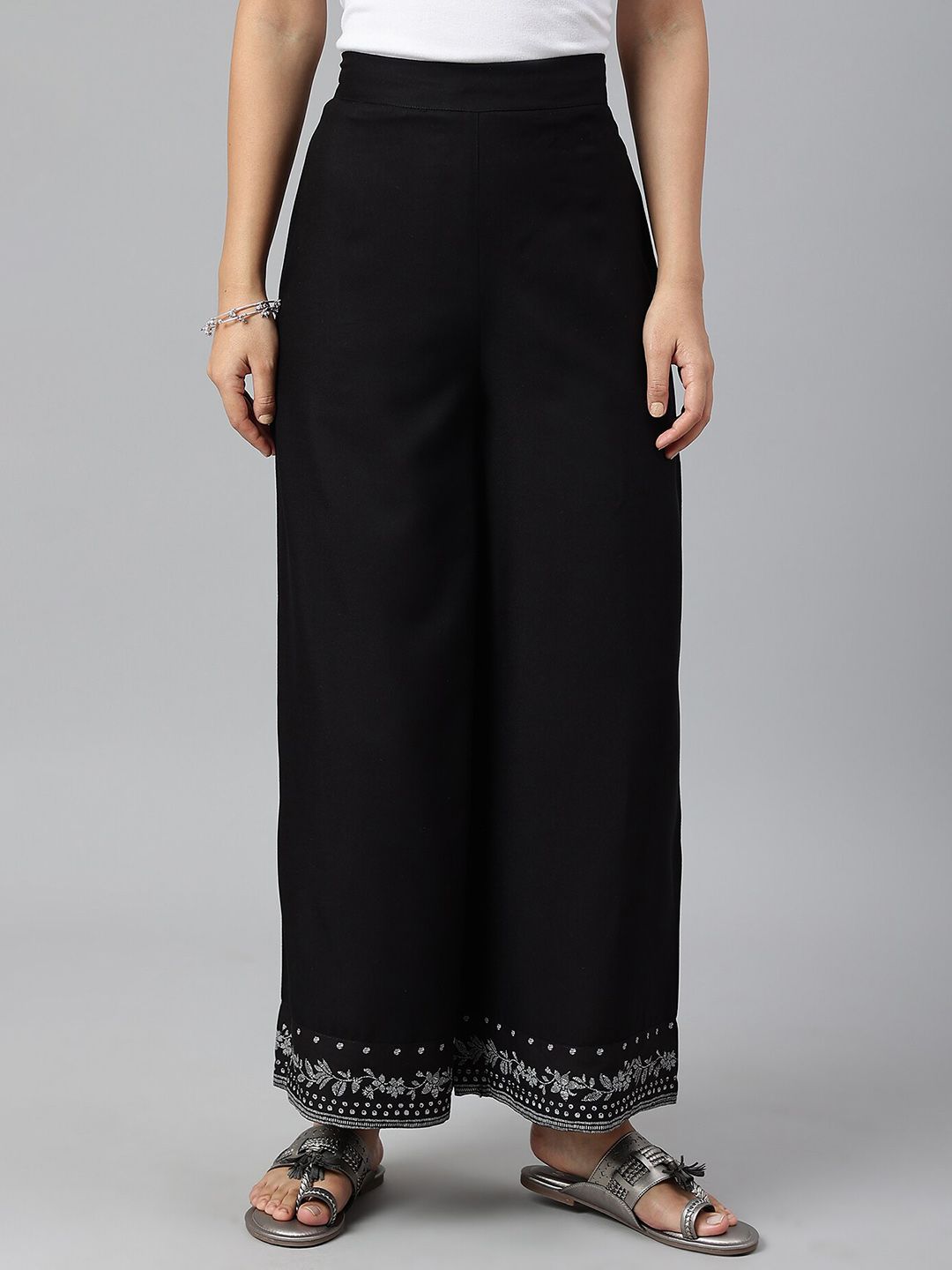 W Women Black Rayon Straight Parallel Pants Price in India