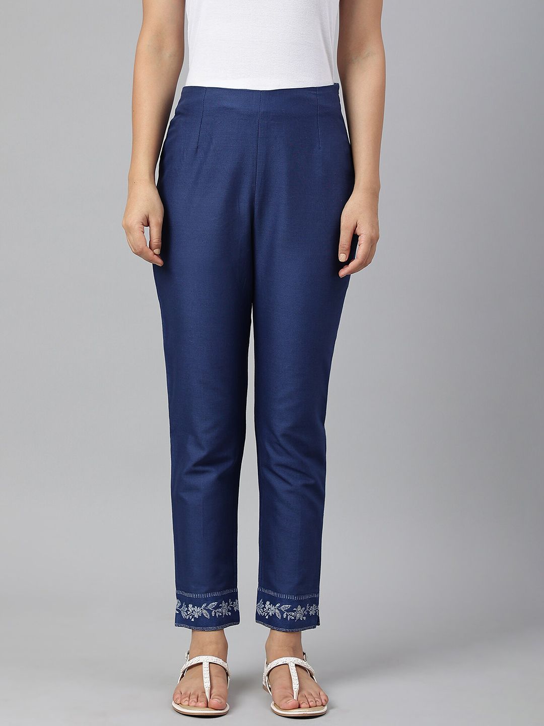 W Women Blue Slim Fit Trousers Price in India