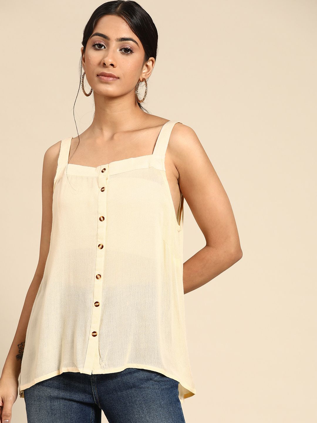 all about you Women Cream-Coloured Solid Top Price in India