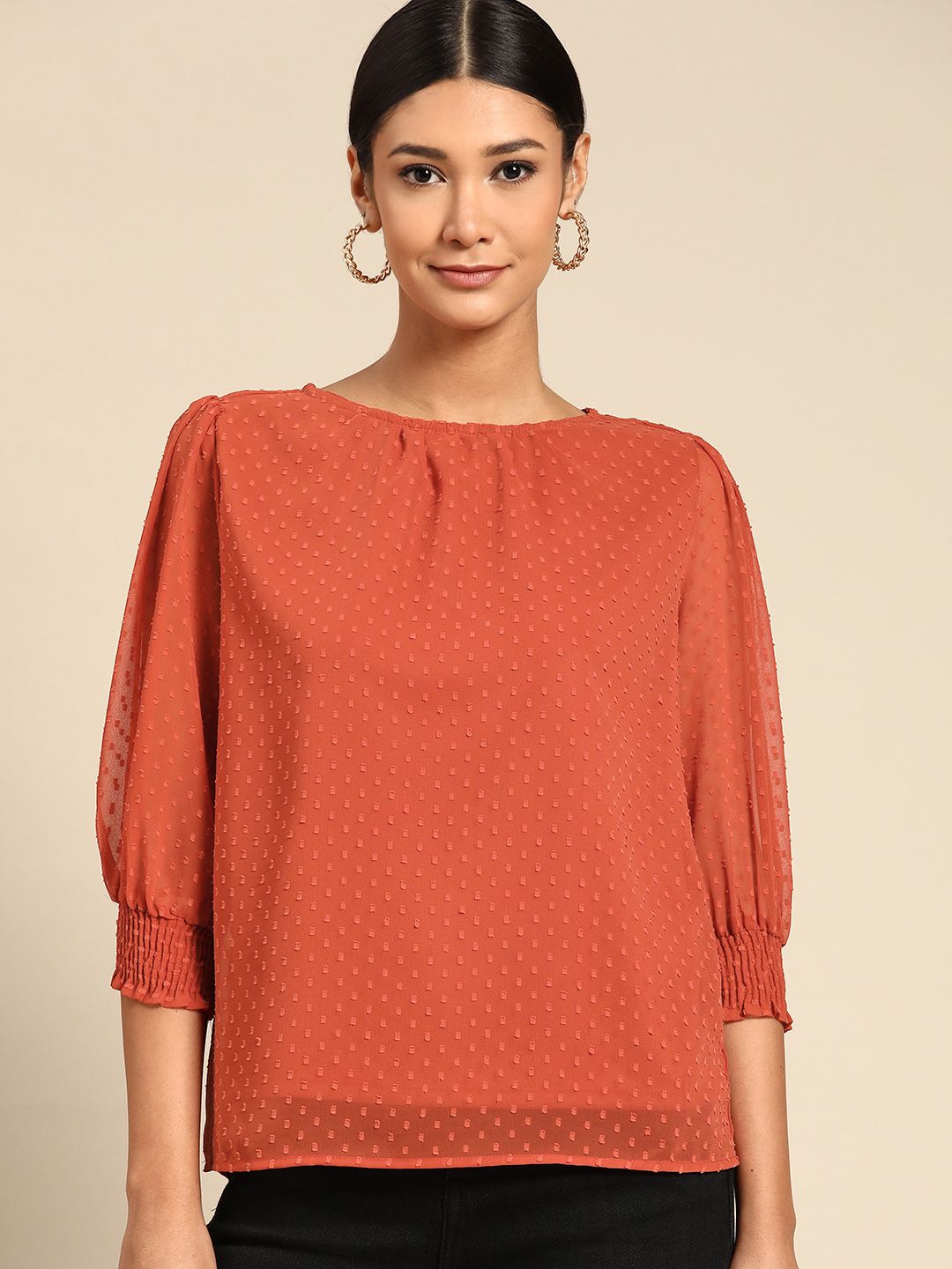 all about you Women Rust Orange Dobby Weave Top Price in India
