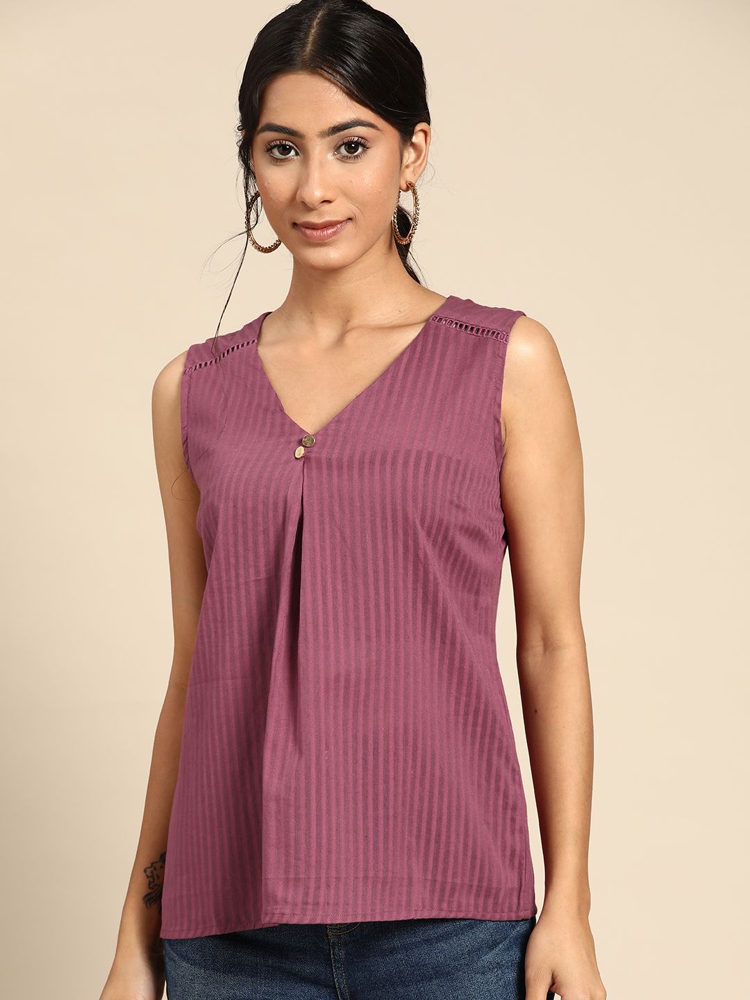 all about you Women Purple Self Striped Pure Cotton Top Price in India