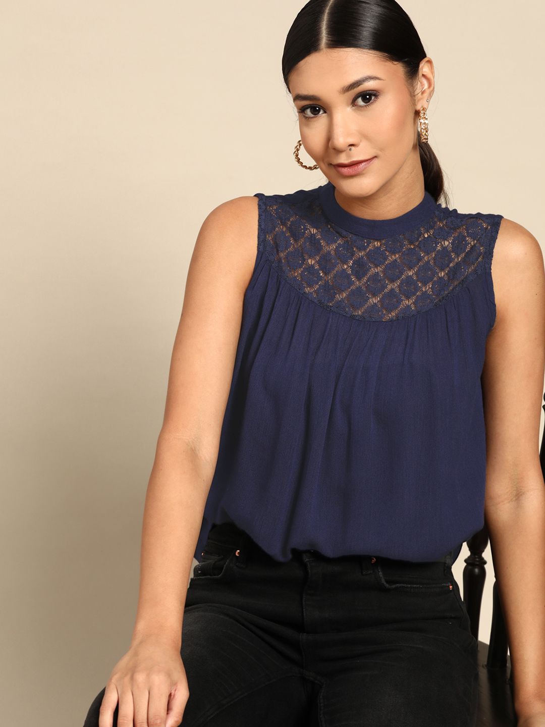 all about you Navy Blue Solid Mandarin Collar Lace-Up Top Price in India