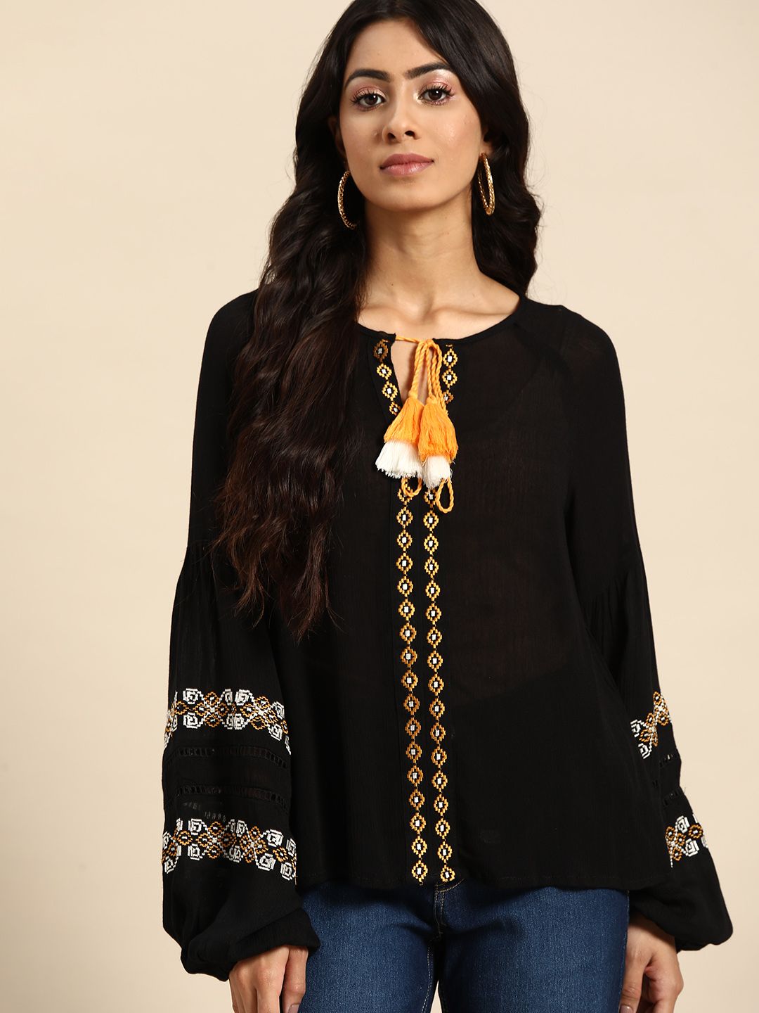 all about you Black Embroidered Tie-Up Neck Top Price in India