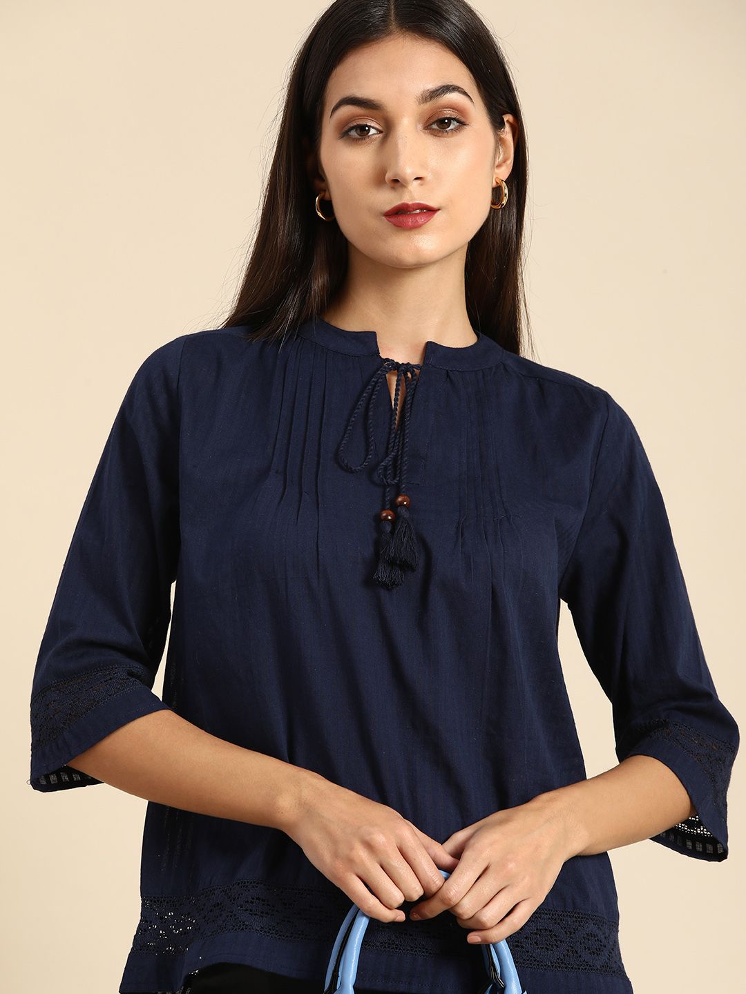 all about you Navy Blue Self-Striped Pure Cotton Tie-Up Neck Top Price in India