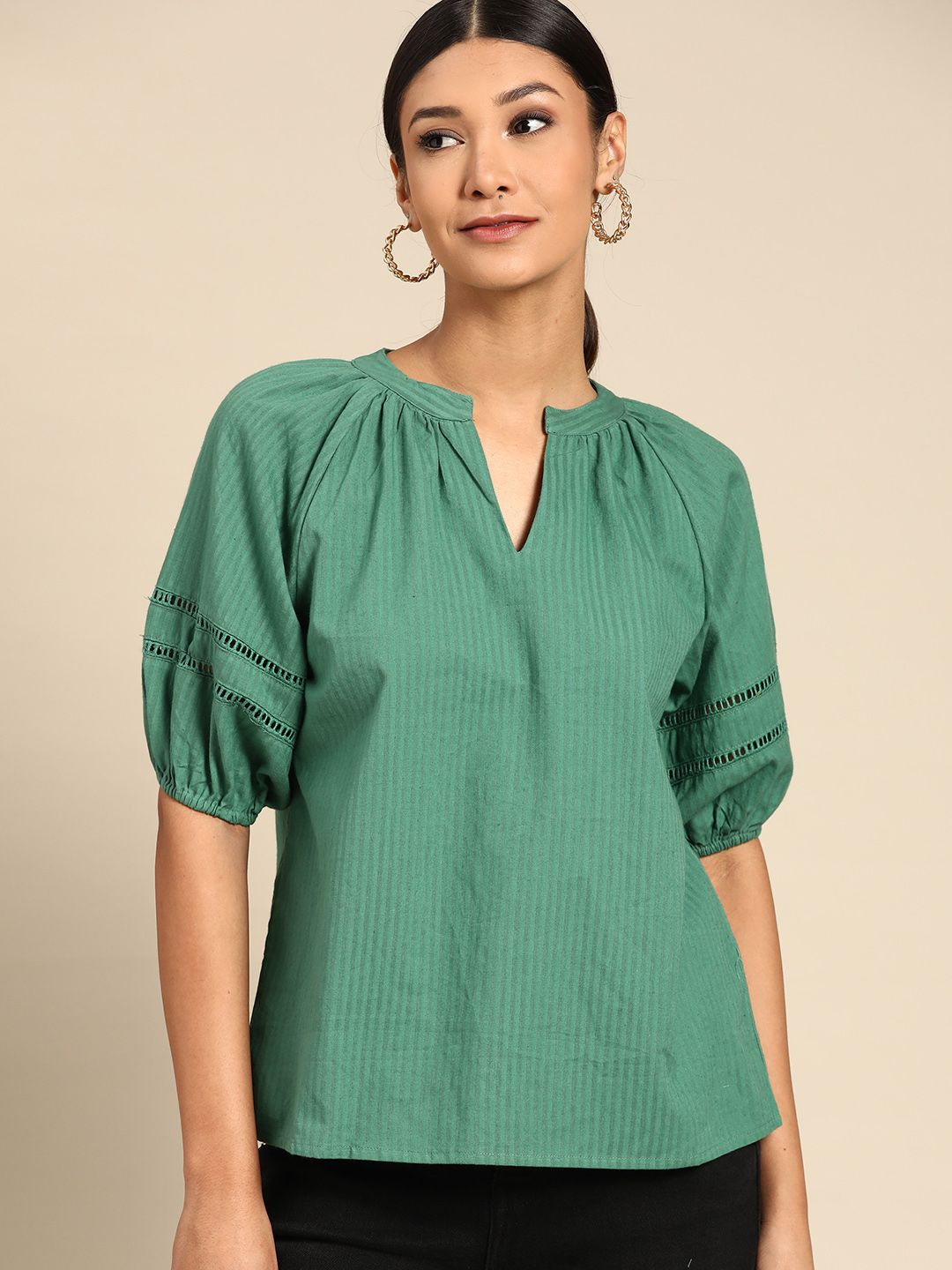 all about you Women Green Self-Striped Pure Cotton Top Price in India