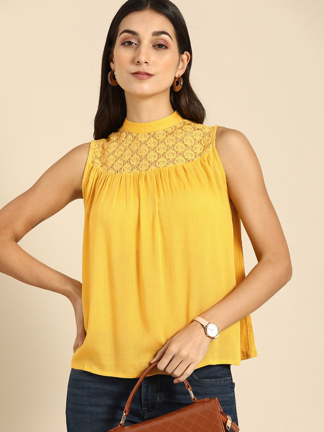 all about you Women Yellow Top with Lace Inserts Price in India