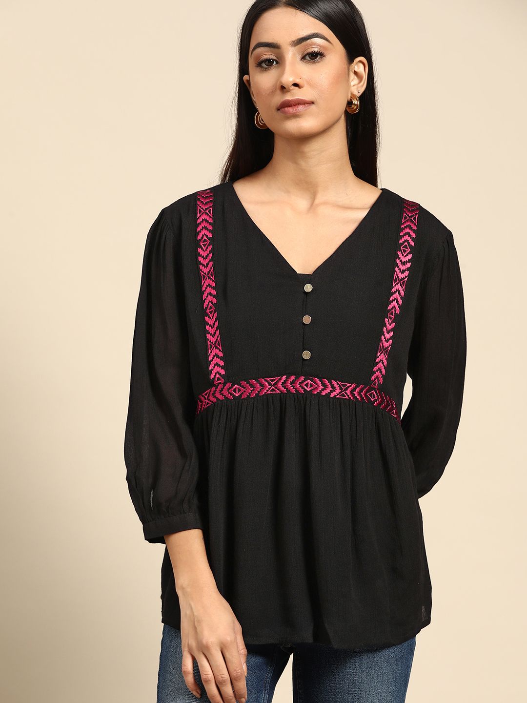 all about you Black & Pink Geometric Embroidered Top Price in India