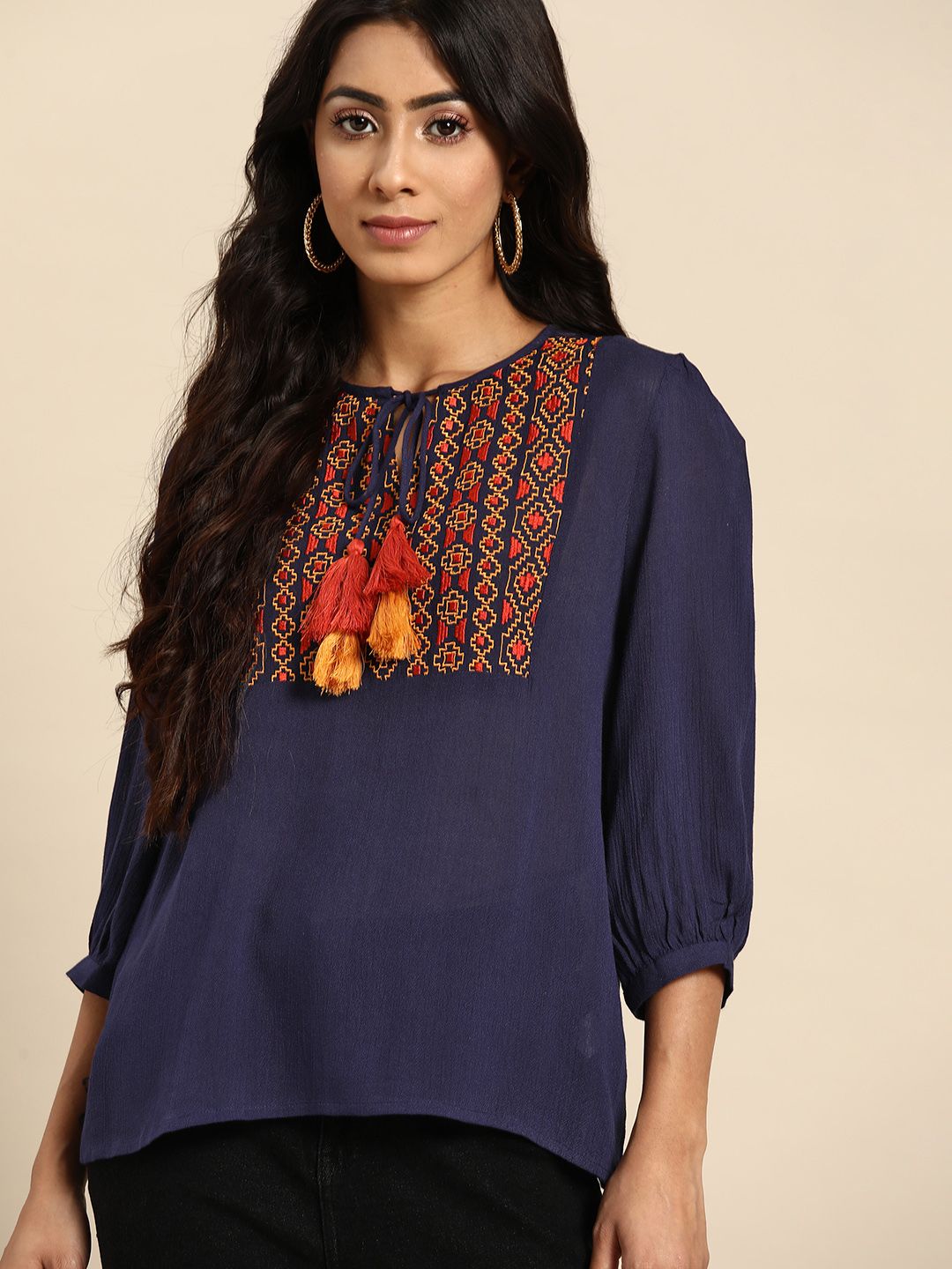 all about you Navy Blue Embroidered Tie-Up Neck Top Price in India