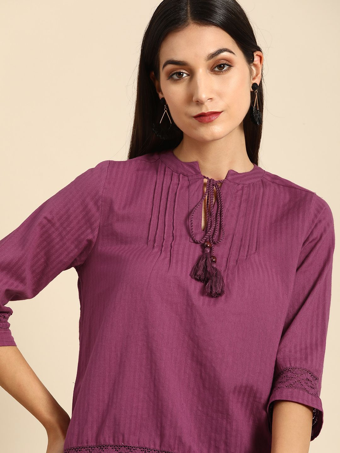 all about you Purple Self-Striped Pure Cotton Tie-Up Neck Top Price in India