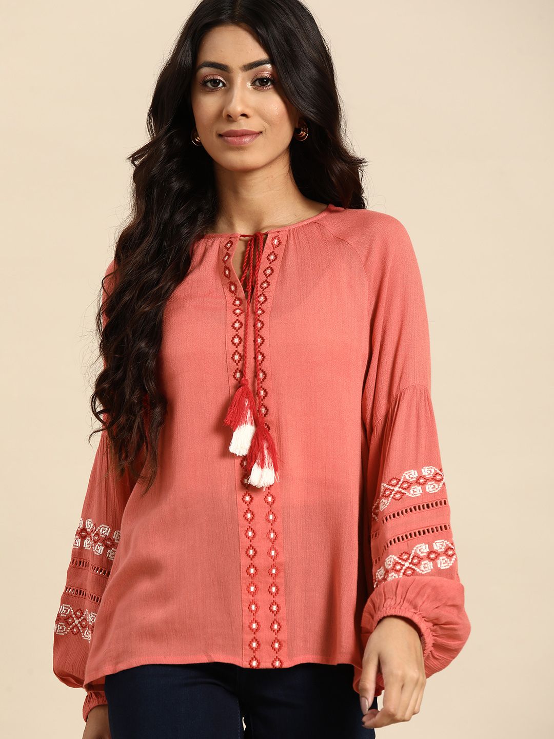 all about you Peach-Coloured Embroidered Tie-Up Neck Top Price in India