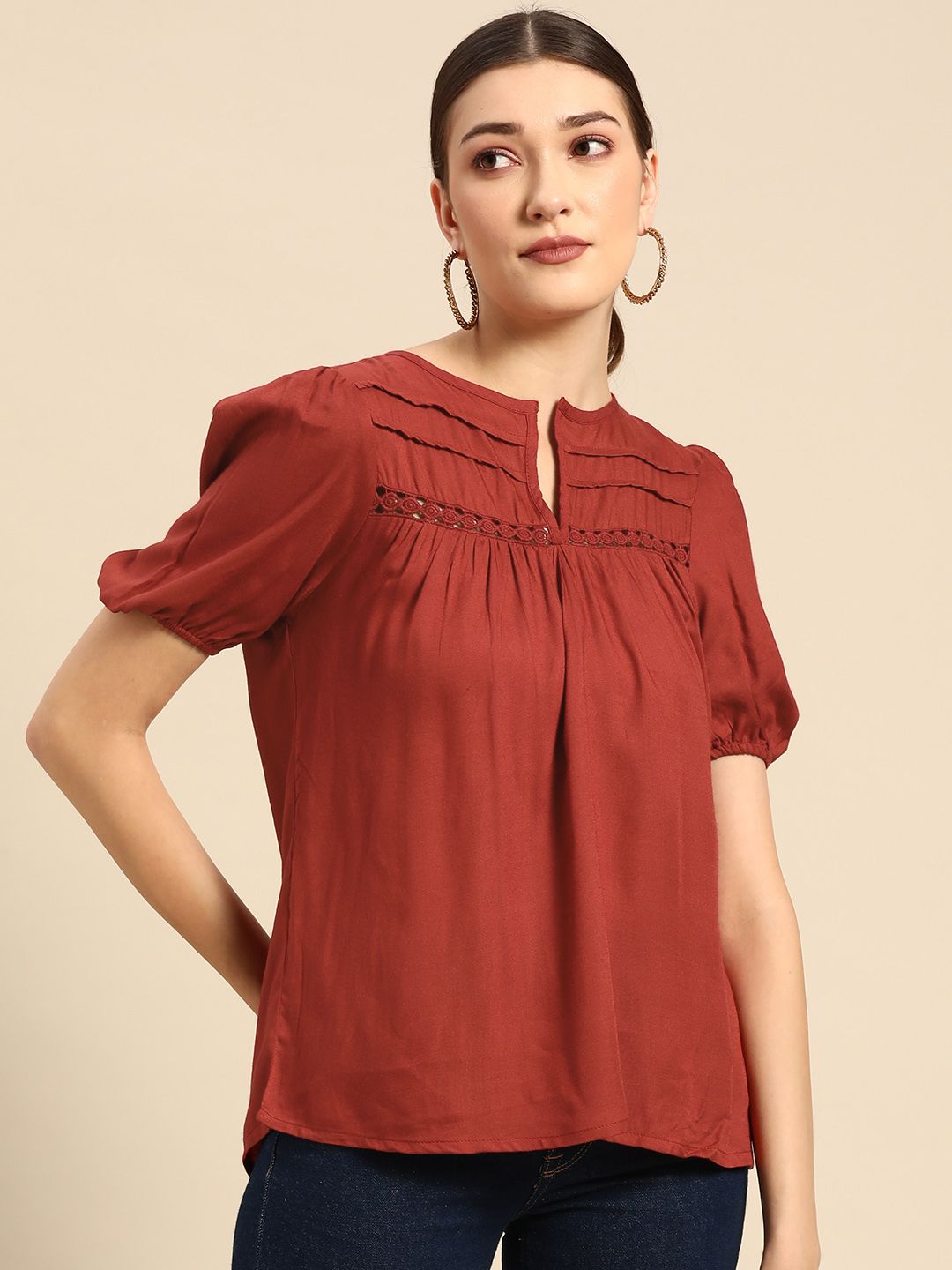 all about you Rust Red Solid Lace Detail Puff Sleeves Regular Top Price in India