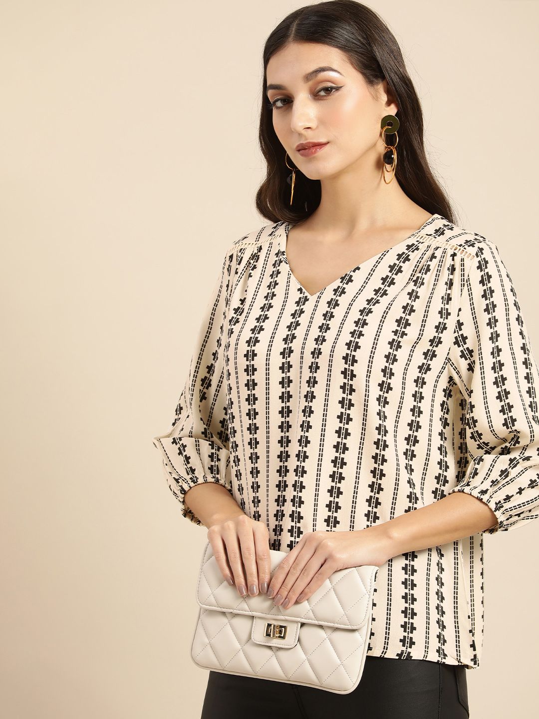 all about you Women V-Neck Vertical Striped A-Line Ethnic Top Price in India
