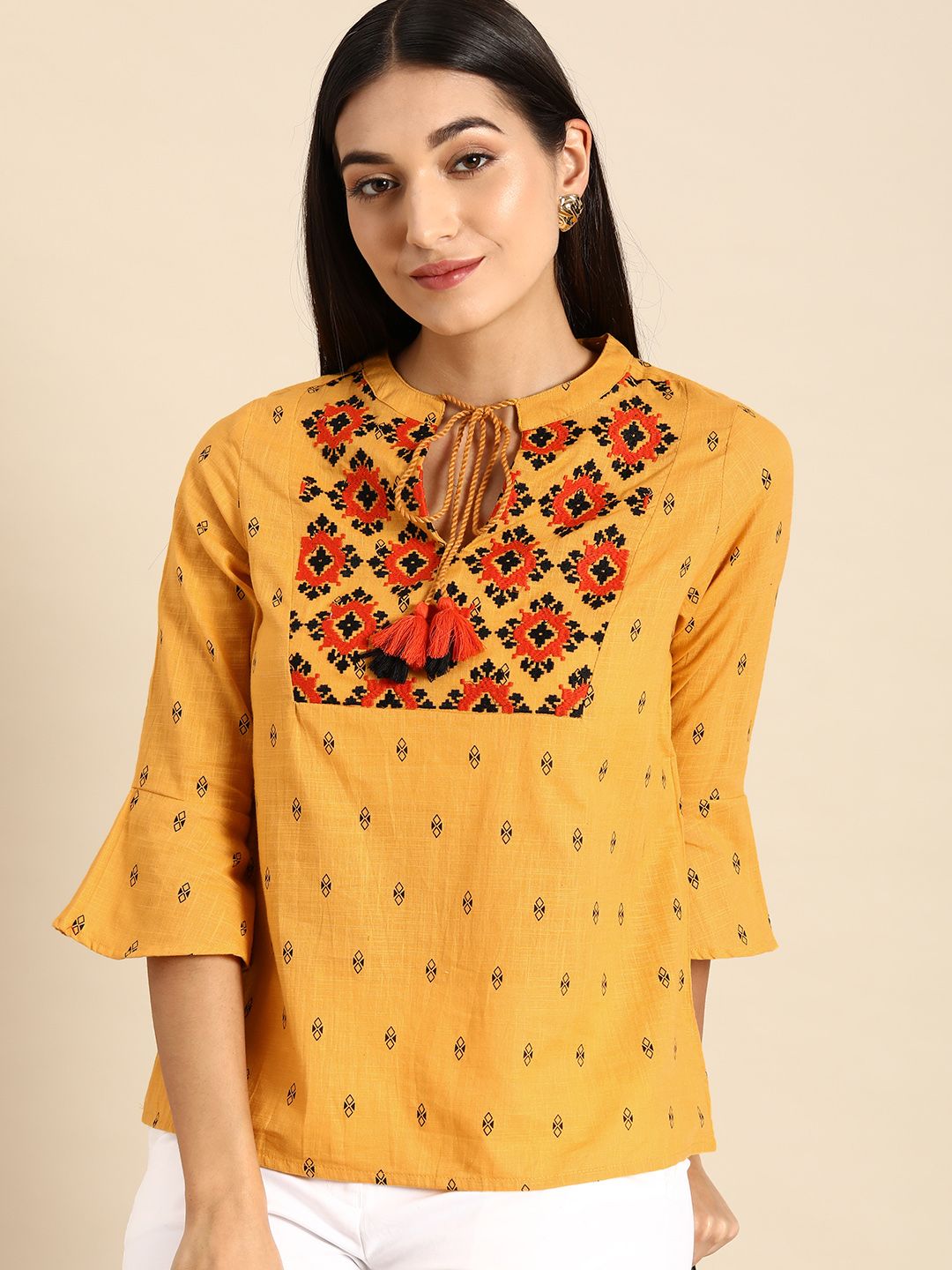 all about you Women Mustard Yellow & Black Geometric Printed Tie-Up Neck Top Price in India