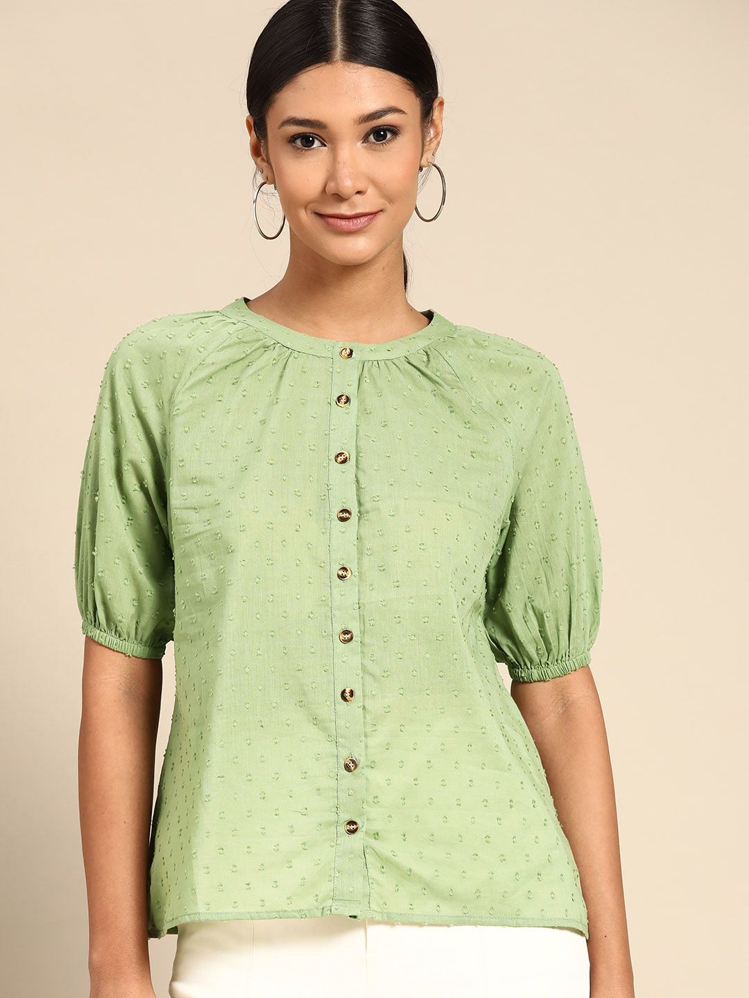 all about you Women Green Dobby Weave Pure Cotton Shirt Style Top Price in India