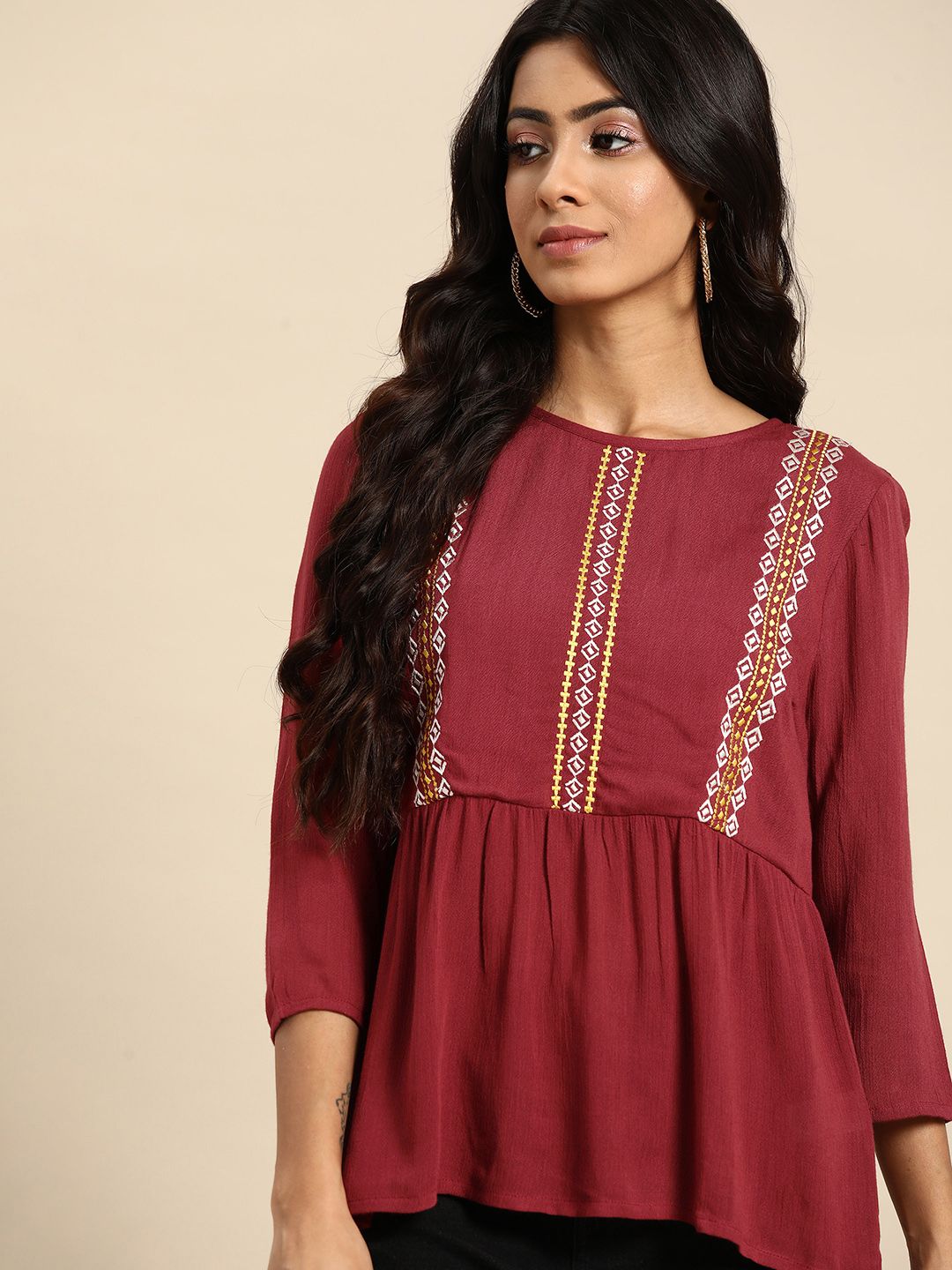all about you Maroon Embroidered A-Line Top Price in India
