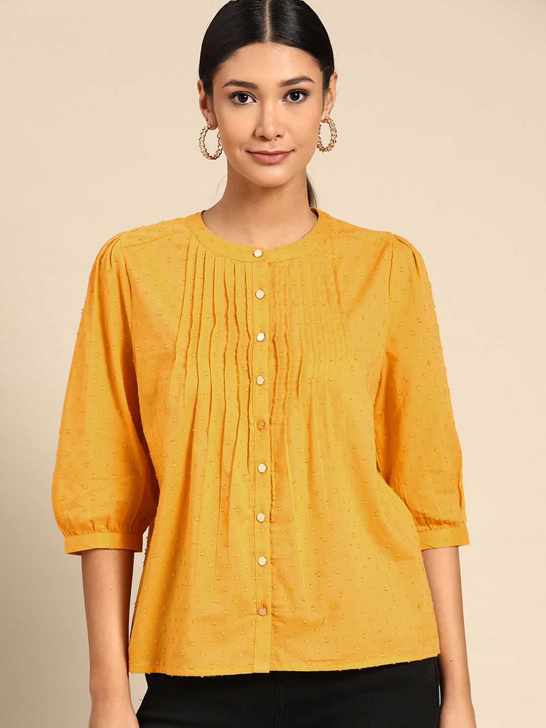 all about you Women Mustard Yellow Dobby Weave Pure Cotton Shirt Style Top Price in India