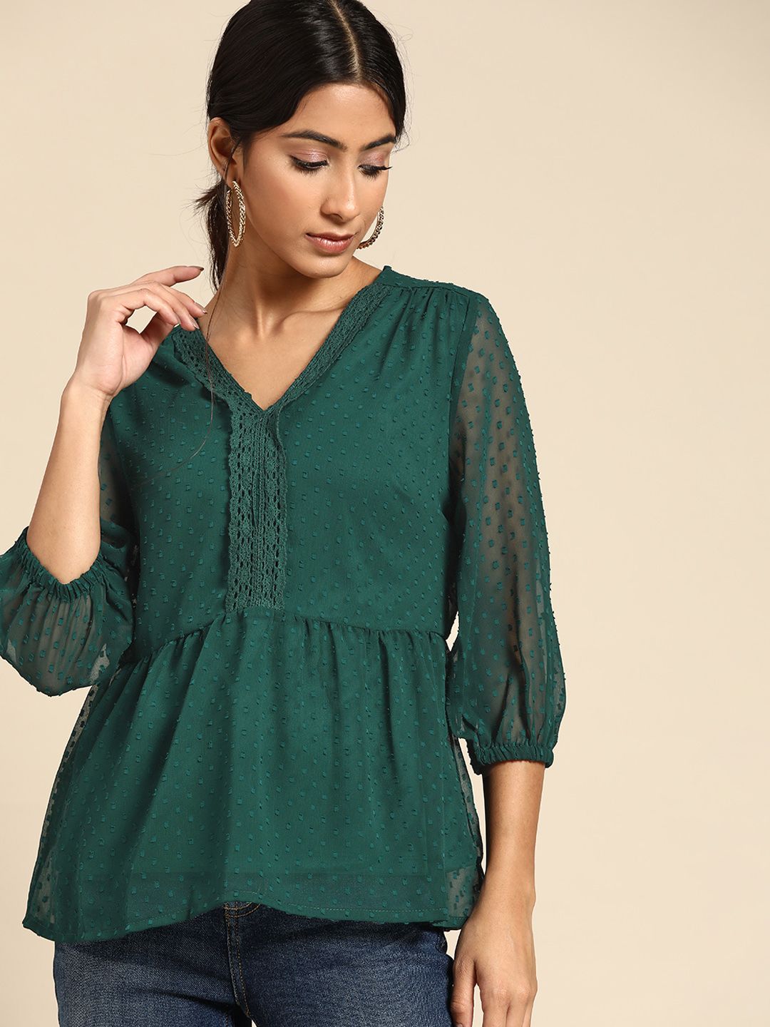 all about you Women Green Dobby Weave Cinched Waist Top Price in India