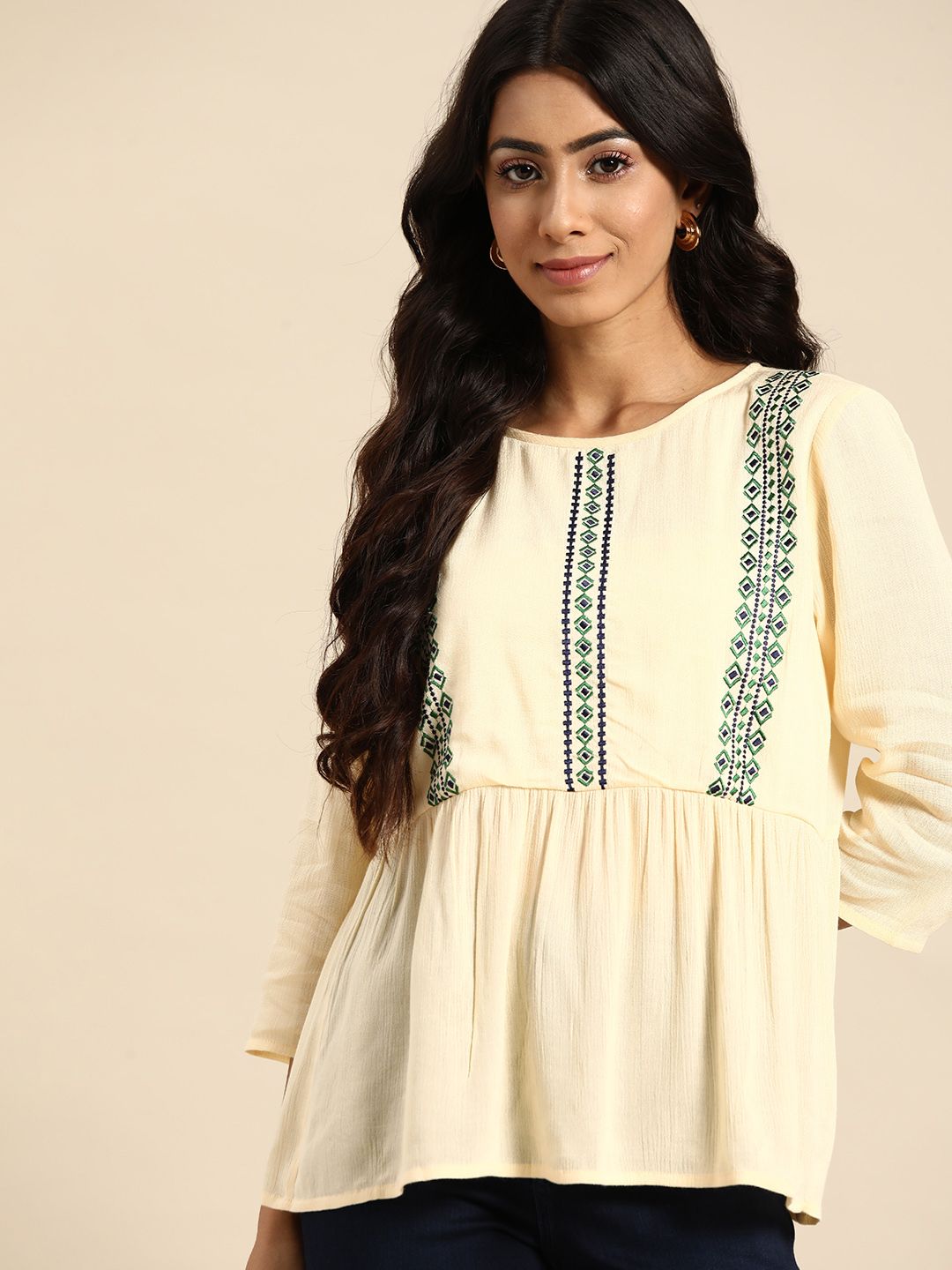 all about you Cream-Coloured Embroidered A-Line Top Price in India