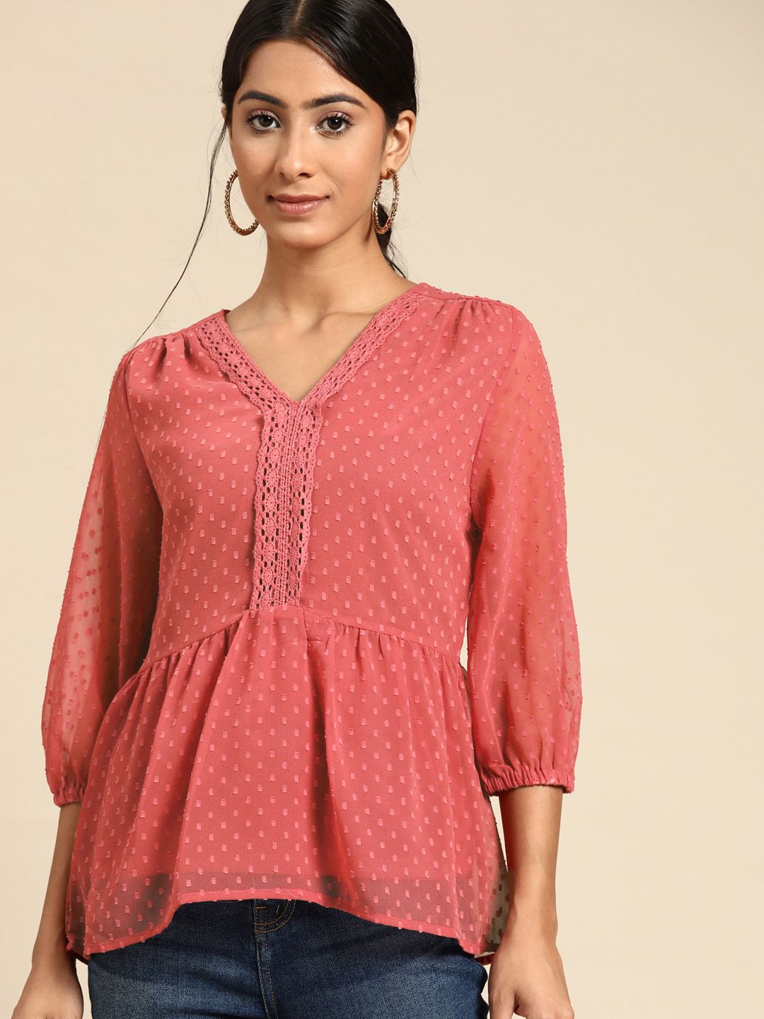 all about you Women Coral Pink Dobby Weave Cinched Waist Top Price in India