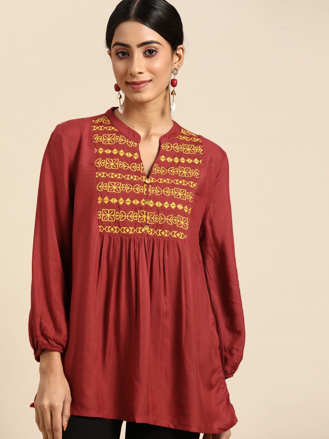 all about you  Women Maroon & Mustard Yellow Embroidered Longline Top Price in India
