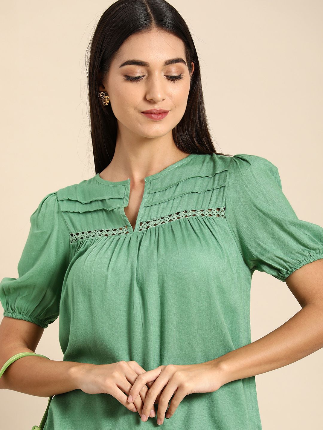 all about you Women Sage Green Solid V-Neck Regular Top Price in India
