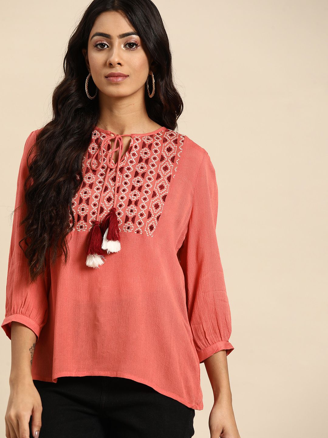 all about you Peach-Coloured Embroidered Tie-Up Neck Top Price in India