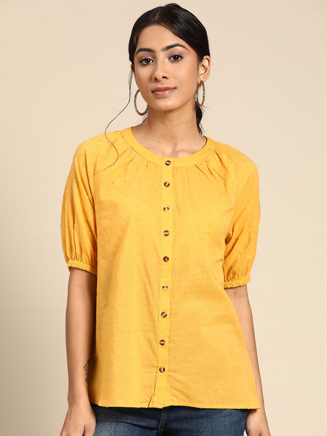 all about you Mustard Yellow Pure Cotton Dobby Weave Mandarin Collar Top Price in India