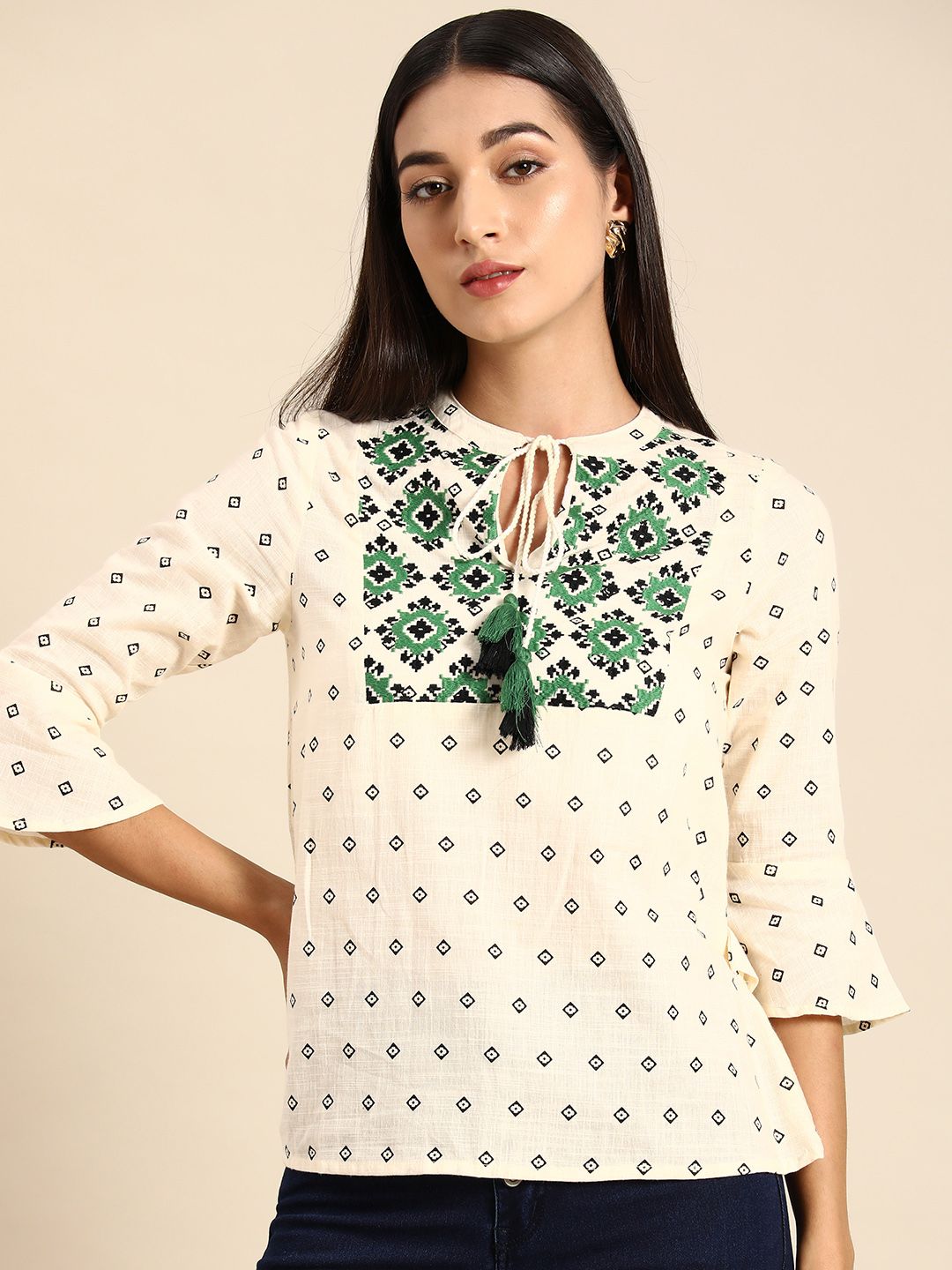 all about you Women Off White & Green Geometric Print Tie-Up Neck Top Price in India