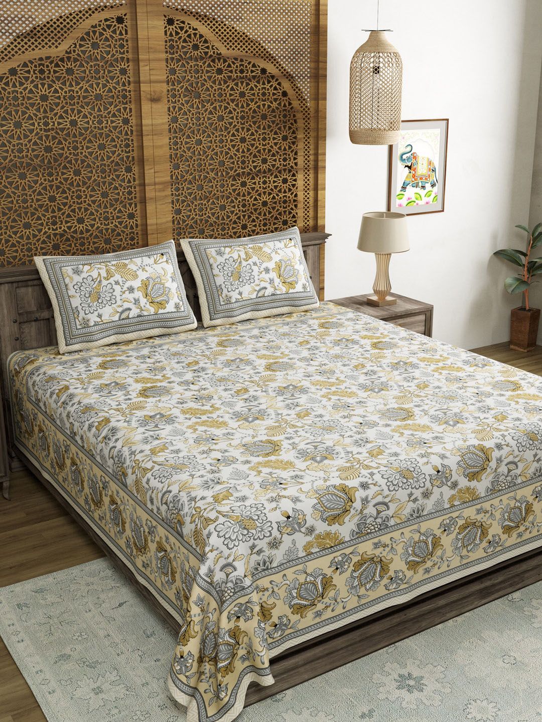 BLOCKS OF INDIA Grey & White Floral 210 TC King Bedsheet with 2 Pillow Covers Price in India