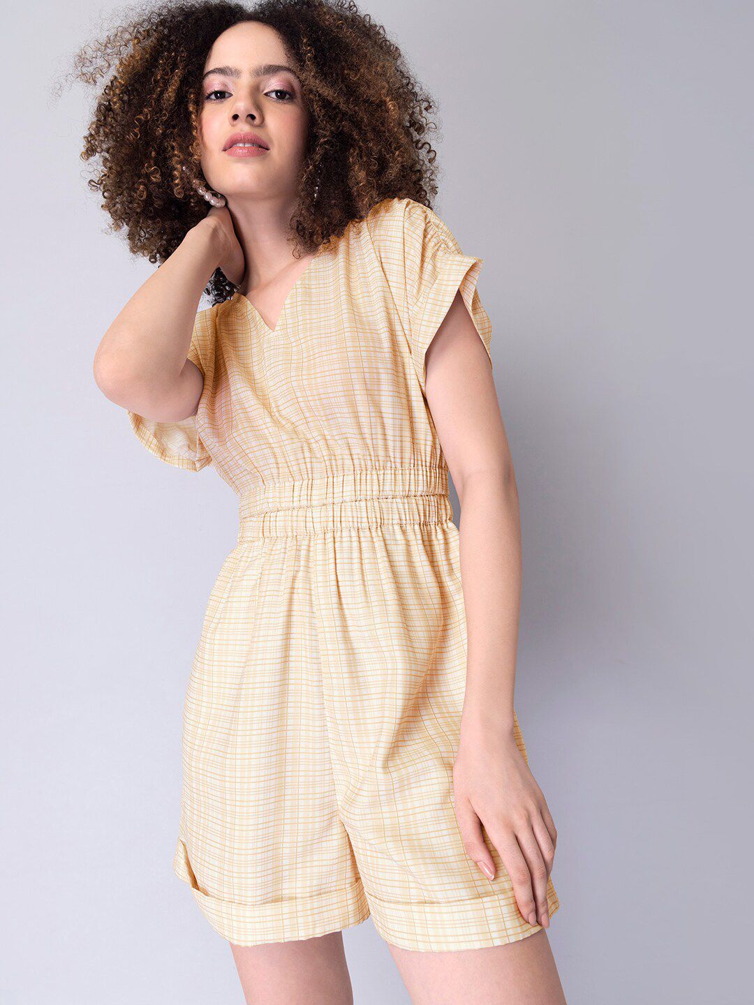 FabAlley Beige Checked with Ruffles Jumpsuit Price in India