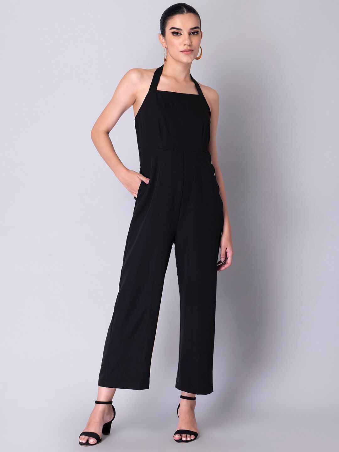 FabAlley Black Halter Neck Basic Jumpsuit Price in India