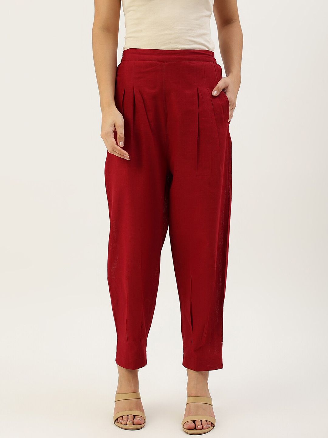 Lokatita Women Maroon Relaxed Loose Fit Pleated Trousers Price in India