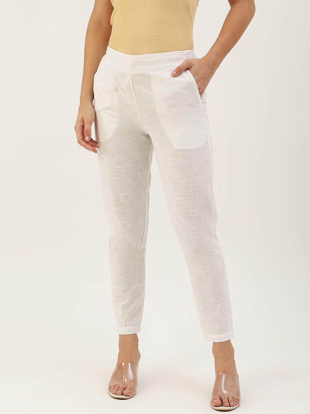 Lokatita Women White Pencil Slim Fit Trousers Price in India