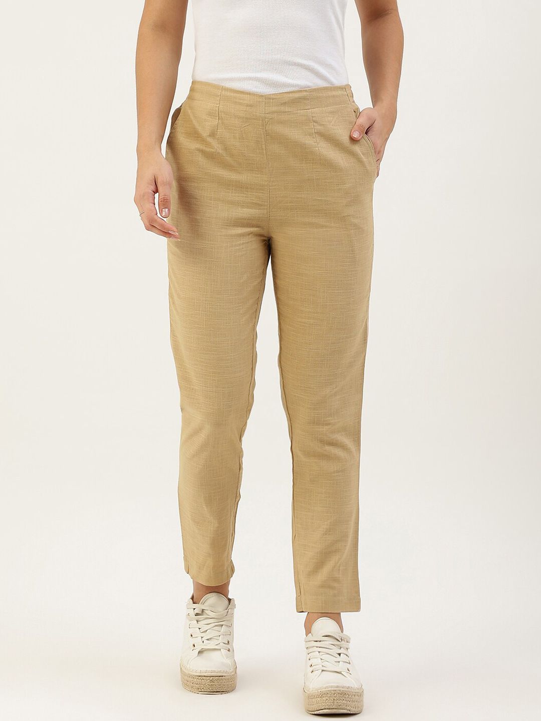 Lokatita Women Beige Pencil Slim Fit Trousers Price in India