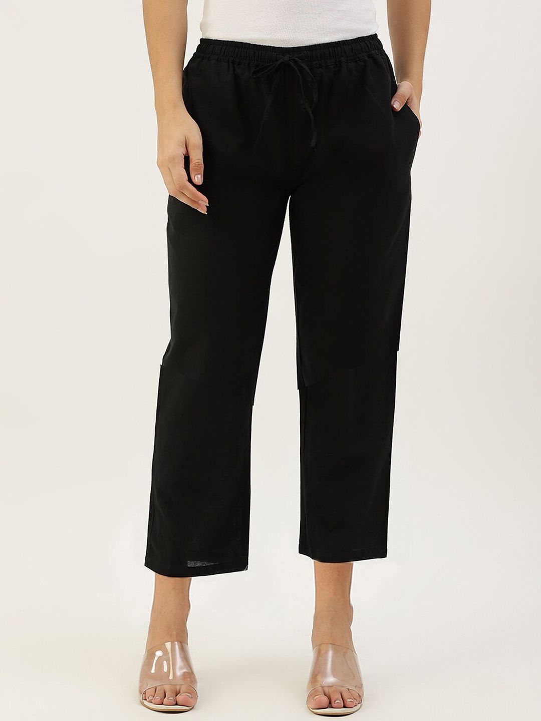 Lokatita Women Black Comfort Tapered Fit Trousers Price in India