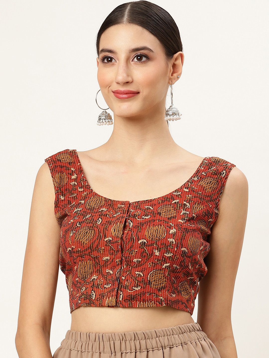 Molcha Women Rust Printed Cotton Saree Blouse Price in India
