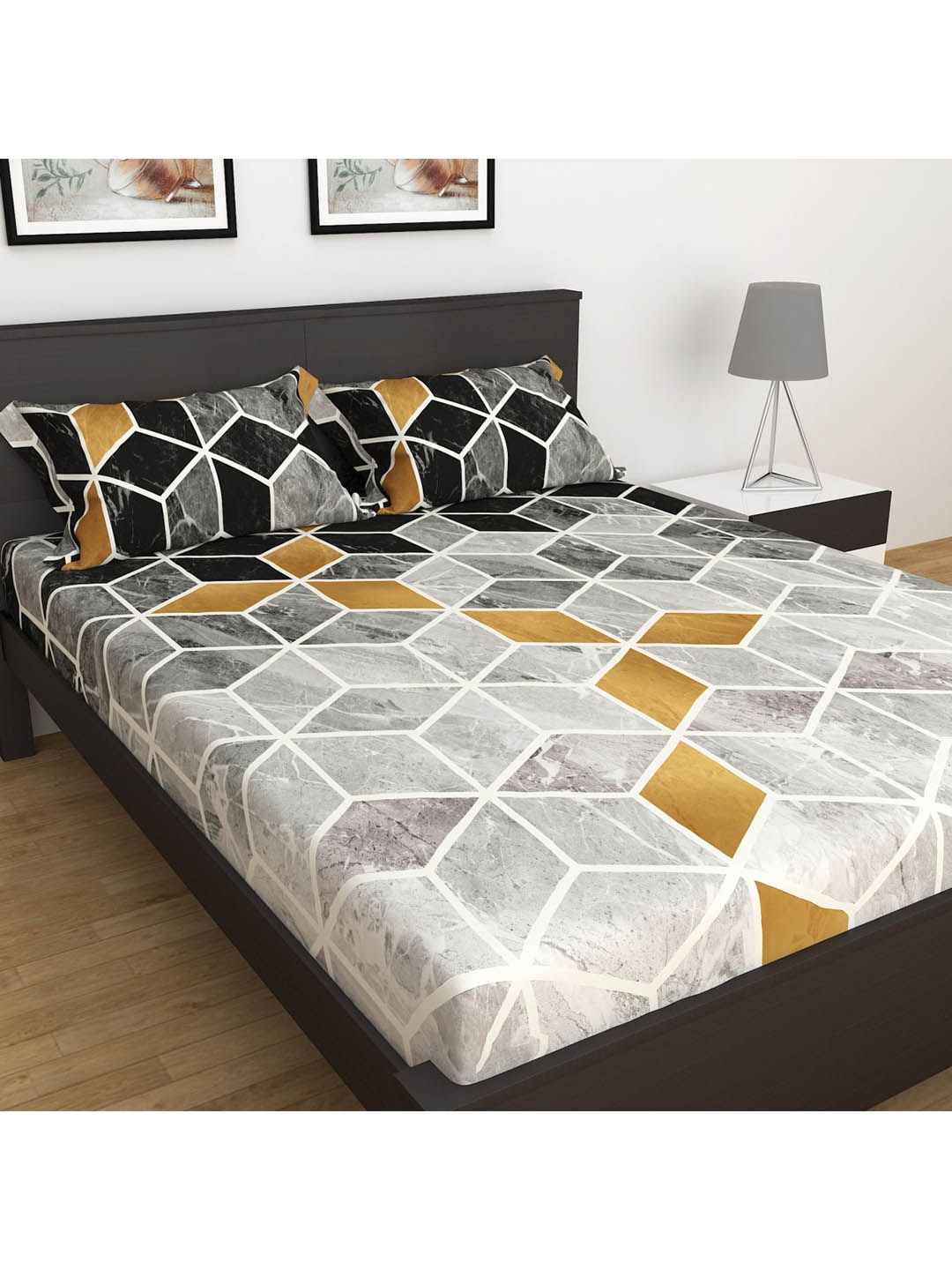 Home Centre Black Imprints 3 Piece Printed Cotton Super King Bedsheet Set Price in India