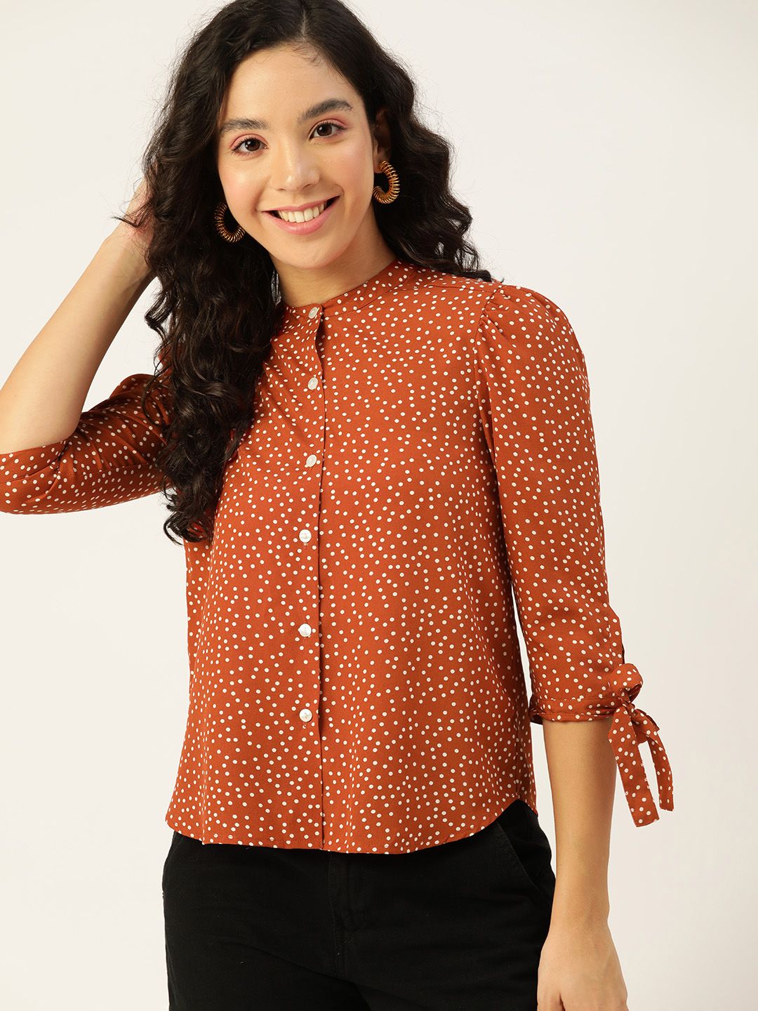 DressBerry Rust Orange & White Polka Dots Pint Band Collar Top Price in India