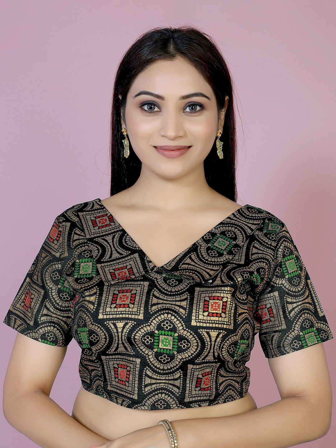 ASPORA Black & Green Woven Design Jacquard Saree Blouse Price in India