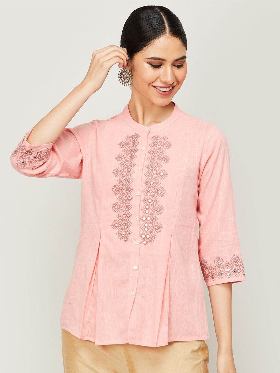 Colour Me by Melange Women Pink Mandarin Collar Pleated Top