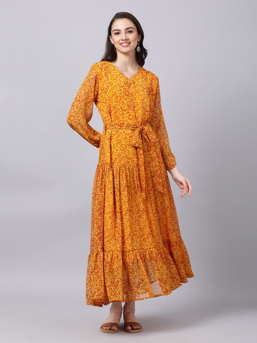 Souchii Yellow Floral Layered Chiffon Maxi Dress Price in India