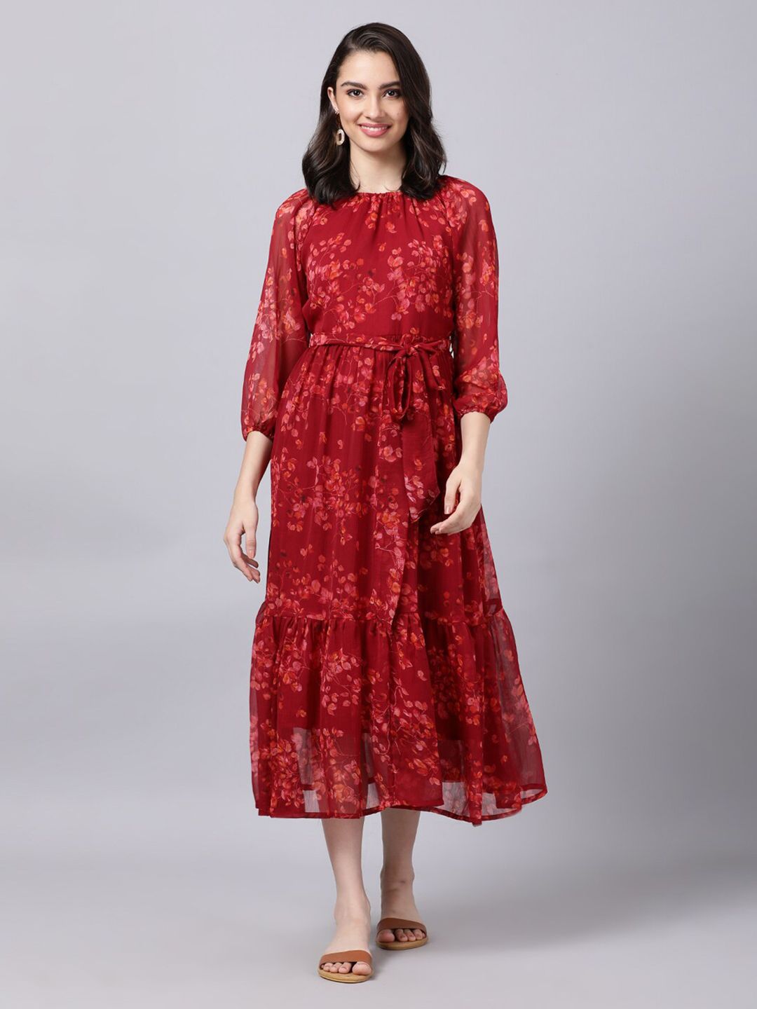 Souchii Maroon Floral Layered Chiffon A-Line Midi Dress Price in India