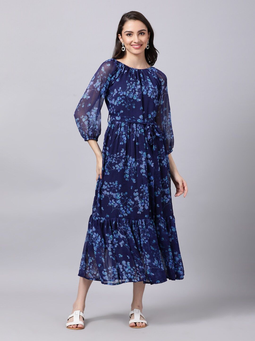Souchii Navy Blue Floral Layered Chiffon A-Line Midi Dress Price in India
