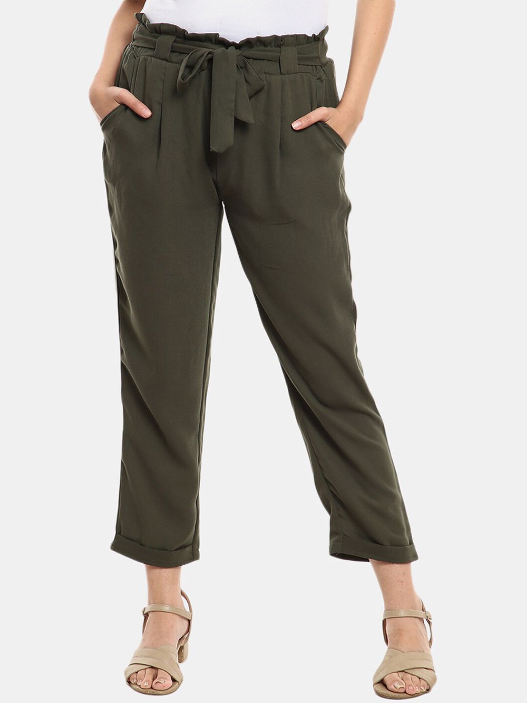 V-Mart Women Olive Green Classic Pleated Trousers Price in India