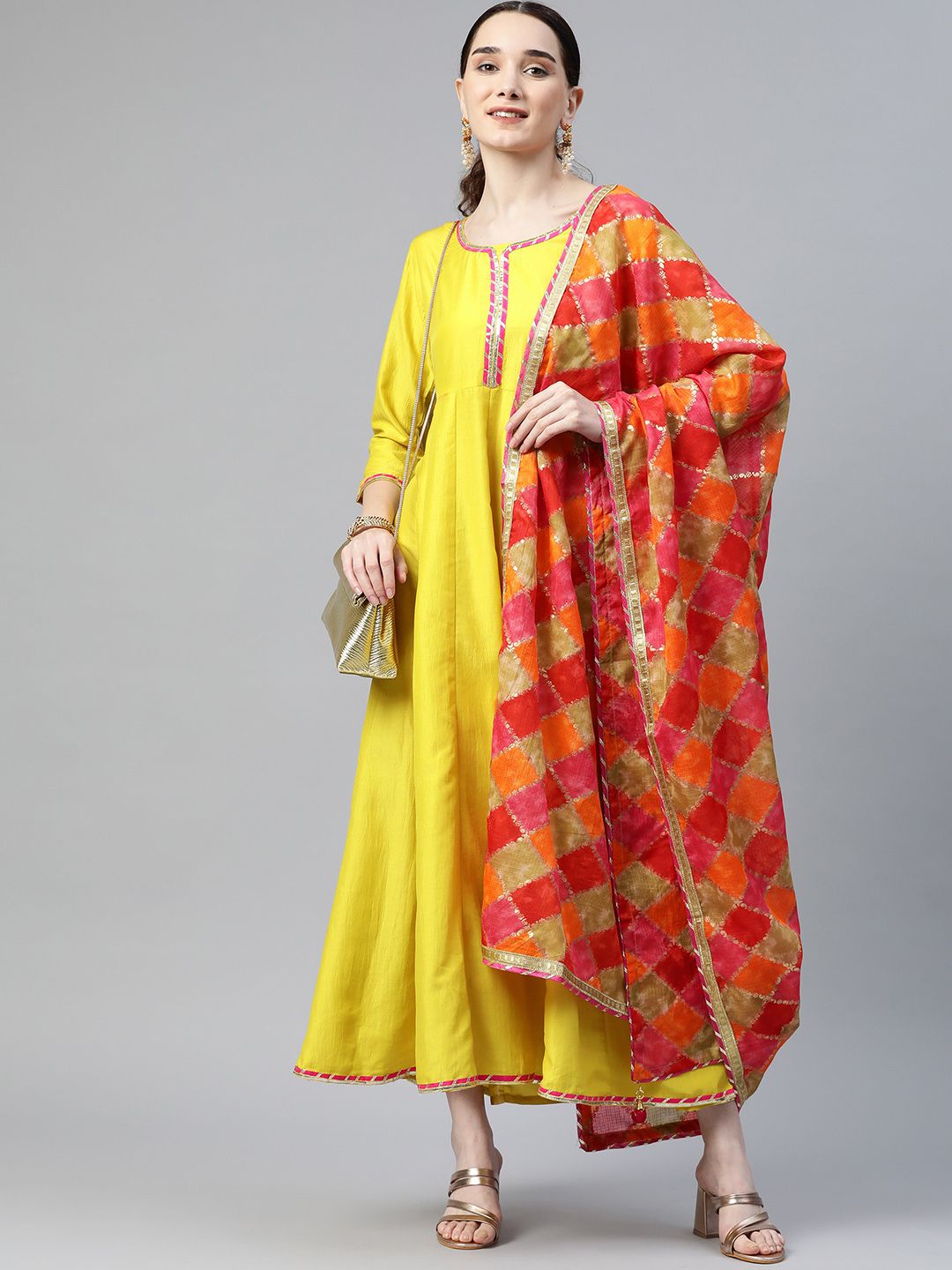 mokshi Yellow & Pink Silk Ethnic Maxi Dress with Dupatta Price in India