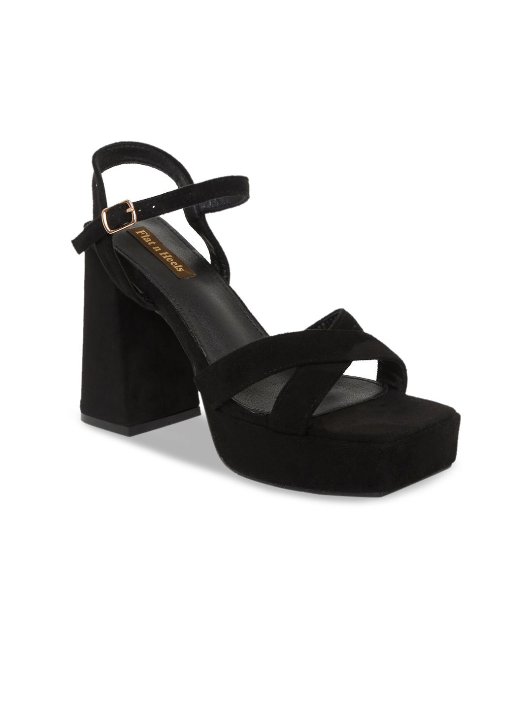 Flat n Heels Black Suede Block Sandals with Buckles Price in India