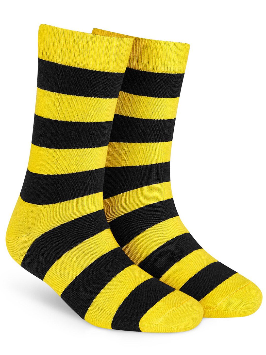 Dynamocks Unisex Yellow & Navy Blue Striped Calf-Length Socks