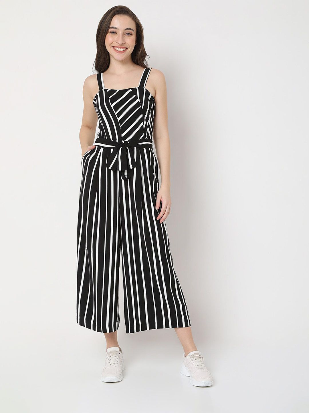 Vero Moda Black & White Striped Basic Jumpsuit Price in India