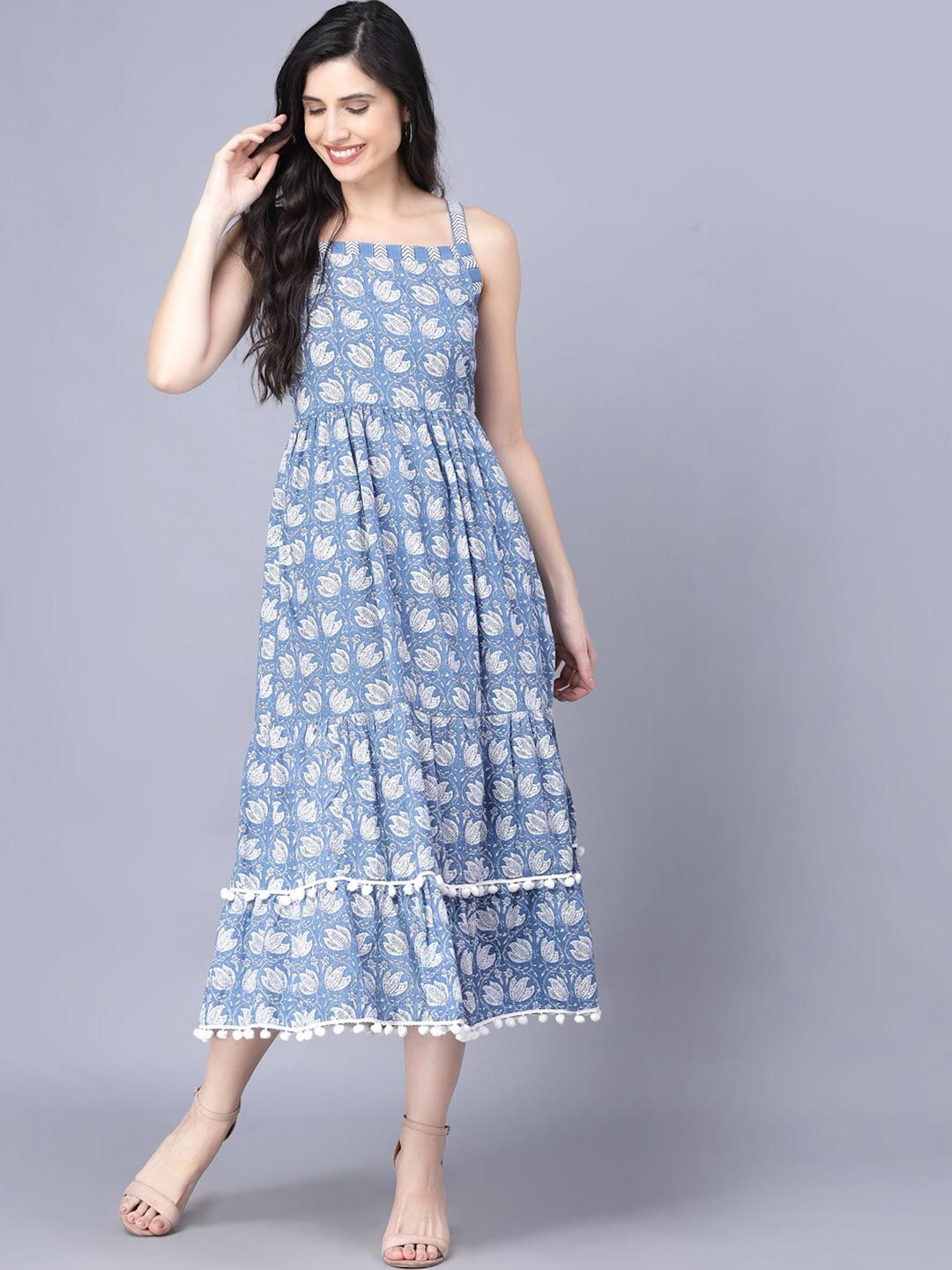 Myshka Women Blue Ethnic Motifs Midi Dress Price in India